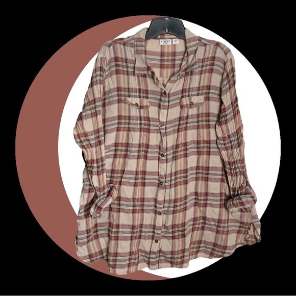 Cato Tan, Red, Black, Gold Plaid Adjustable Sleeve Button Shirt Wm 18/20W - Picture 2 of 5